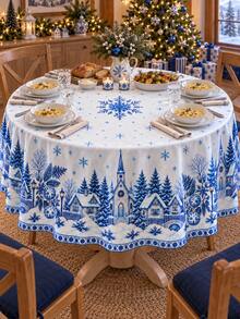 1pc Polyester Christmas Tablecloth, Blue Snowflake Winter Village Christmas Tree House Print Xmas Holiday Table Cover, Festive Dining Table Decor For Christmas Party Kitchen Dining Room Home - Multicolor - View 9