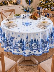 1pc Polyester Christmas Tablecloth, Blue Snowflake Winter Village Christmas Tree House Print Xmas Holiday Table Cover, Festive Dining Table Decor For Christmas Party Kitchen Dining Room Home - Multicolor - View 5