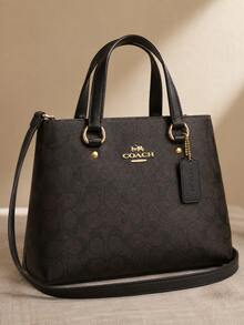 Coach حقيبة يد توت مطبوعة بتوقيع ، حقيبة كروس بودي من جلد PU بمقبضين وحزام قابل للفصل، للعمل المكتبي والتنقل اليومي وتجمعات عطلة نهاية الأسبوع - حقيبة يد توت مطبوعة بشعار العلامة التجارية - مشاهدة 8