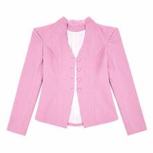 Women's Pink Striped V-Neck Single-Breasted Slim Fit Commuter Blazer - Pink - View 5