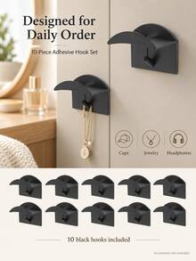 10pcs No-Drill Plastic Wall Mounted Baseball Cap Storage Hooks, Minimalist Home Style Black/White Optional Curved Wide Tray Double Layer Hanging Point Design Baseball Cap Jewelry Headphone Multi-Function Storage Rack, Suitable For Entryway Bedroom Closet All Season Storage - Set - View 1
