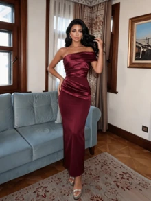 Women's Elegant One Shoulder Ruched Patchwork Bandage Dress - Burgundy - View 2