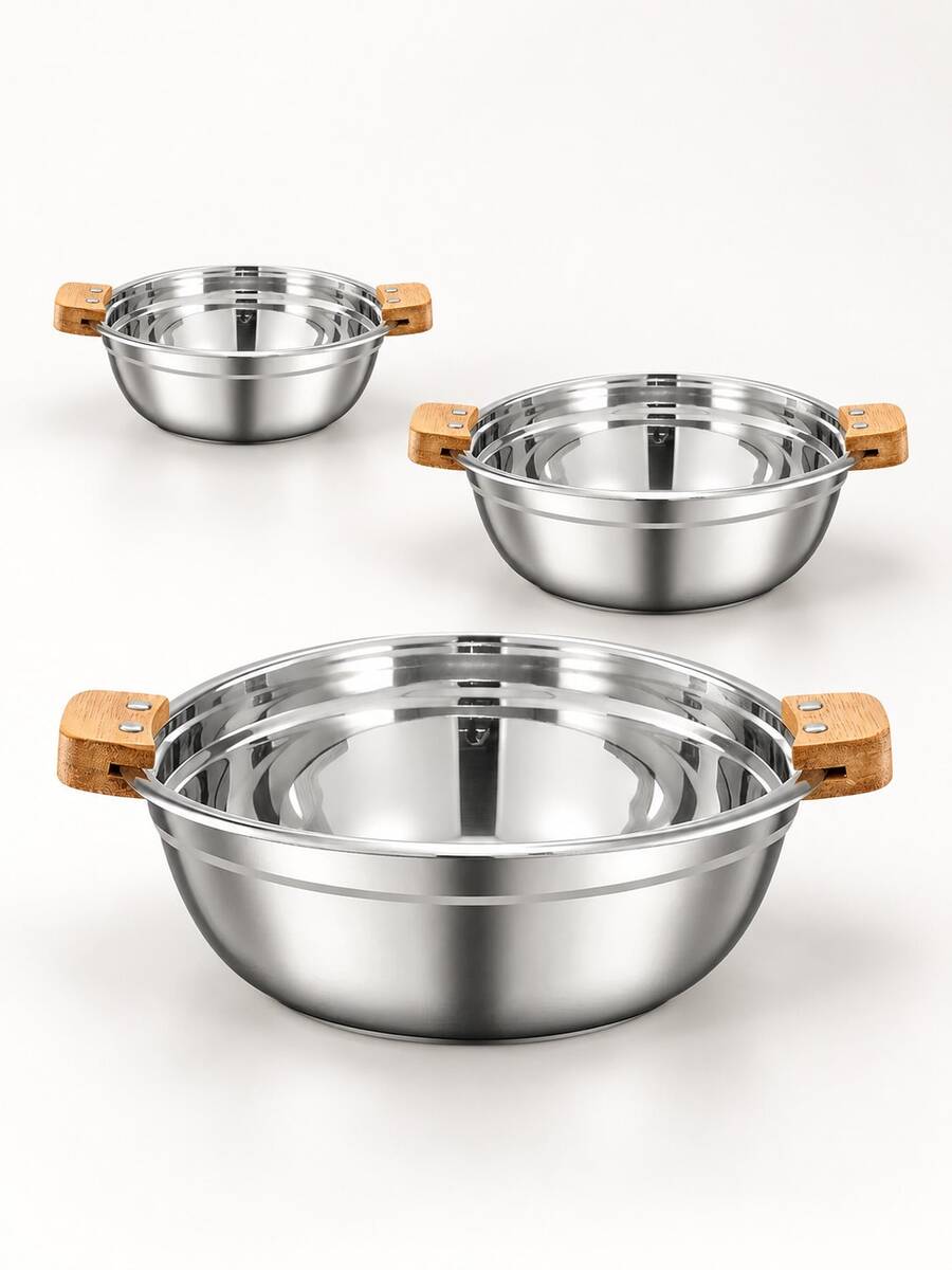 3pcs Stainless Steel Soup Bowl With Wooden Handles,Round Silver Serving Pot With Polished Interior,Stackable Kitchen Bowl For Serving Soup, Stew, Vegetables, Family Meals,Dining Tables And Restaurant Food Service,Induction Compatible Pots And Pans Set - View 1