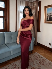 Women's Elegant One Shoulder Ruched Patchwork Bandage Dress - Burgundy - View 6