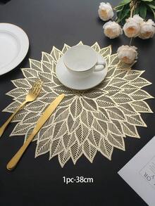 1/4/6pcs 15 Inch Round Hollow Flower Placemats, Gold Placemats, Embossed Leaf Table Mats, Suitable For Holiday Party Wedding, Decorative Table Centerpiece - Gold - View 11
