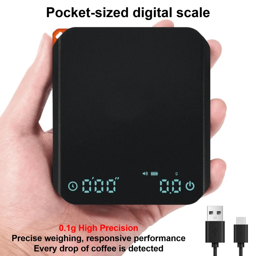Mini Digital Coffee Scale, 0.1g High Precision Sensor, One-Touch Tare, Multi-Unit Switch, Touch Buttons, Auto Power-Off. Rechargeable, Slim & Portable. Perfect For Camping, Outdoor Meal Prep, Coffee Enthusiasts, Kitchen & Baking. - Black - View 1