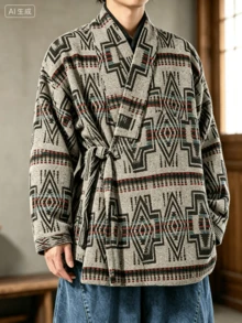 Men's Spring/Autumn/Winter Wool Blend Jacket, Vintage Geometric Pattern Loose Tie-Front Casual Jacket - Multicolor - View 1