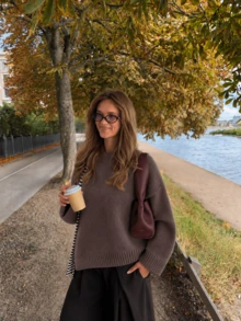 Women's Round Neck Drop Shoulder Knit Sweater, Loose Solid Color Basic Pullover Top, Retro Style, Suitable For Commuting, Campus Life, And Everyday Occasions. - Coffee Brown - View 2