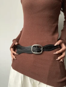 1件美式時尚休閒鉚釘極簡百搭女款PU皮革腰帶 - 波紋鉚釘黑色麂皮 - 查看 5