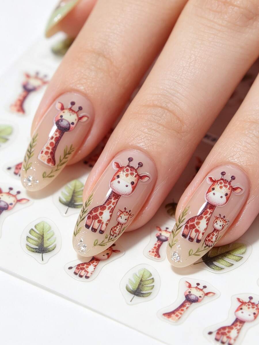 1pc Cute Cartoon Giraffe & Tropical Monstera Leaf Nail Stickers, Shiny Surface, Asymmetrical Shape, Playful Style, Suitable For Daily Commute And Autumn Outings - Multicolor - View 1
