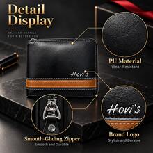 Dompet Pria Hovi's Warna Blok Motif Garis dengan Ritsleting Keliling, Dompet Lipat Retro Tahan Aus, Desain Kapasitas Besar dengan 4 Slot Kartu dan 2 Jendela ID - MultiWarna - View 5