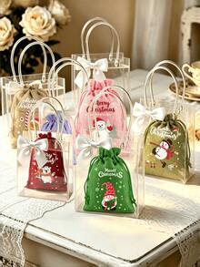 18pcs Colorful Christmas PVC & Linen Gift Bags Set With Bows, Santa Claus Drawstring Pouches, Suitable For Holiday Party Gifts And Jewelry Storage, Perfect For Christmas And New Year Party Supplies - Multiple Styles - View 6