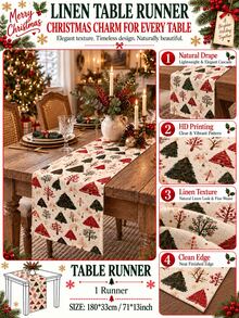 1pc Christmas Table Runner, Watercolor Christmas Tree Pine Branch Berry Print Tabletop Decor, Holiday Dining Room Kitchen Countertop Decoration, Christmas Family Dinner Party Table Centerpiece - Multicolor - View 4