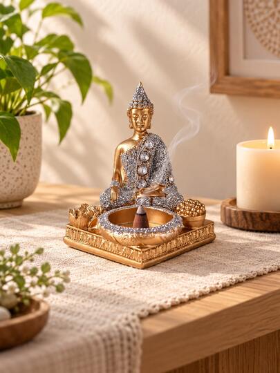 1pc Buddha Statue Incense Burner, Gold & Silver Meditation Figurine With Shiny Details, Decorative Cone Incense Holder, Aromatherapy Decor For Yoga Room, Meditation Space, Living Room, Bedroom Desktop, Zen Home Decor Spiritual Gift
