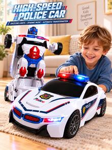 1pc Fully Automatic Transforming Police Car Kids Toy, Light & Music Electric Omnidirectional Robot Model, Cool Educational Toy, Suitable Birthday Gift For Boys - Multicolor - View 3