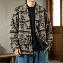 Men's Spring/Autumn/Winter Wool Blend Jacket, Vintage Geometric Pattern Loose Tie-Front Casual Jacket - Multicolor - View 6