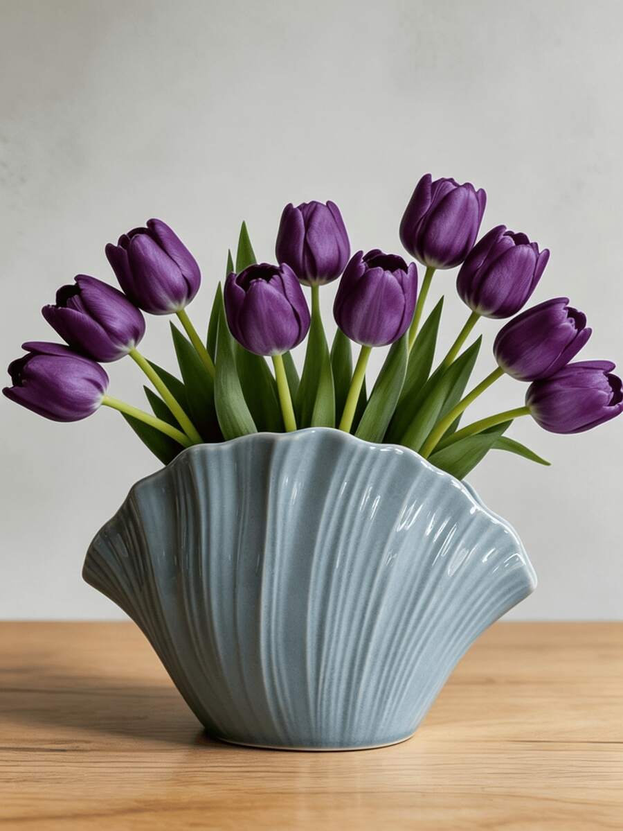 1pc Shell Shaped Flower Vase, Fluted Wave Design Tabletop Decor Vase, For Living Room Bedroom Office Wedding Table Arrangement, Aesthetic Desktop Centerpiece, Modern Minimalist Home Ornament - Multicolor - View 1