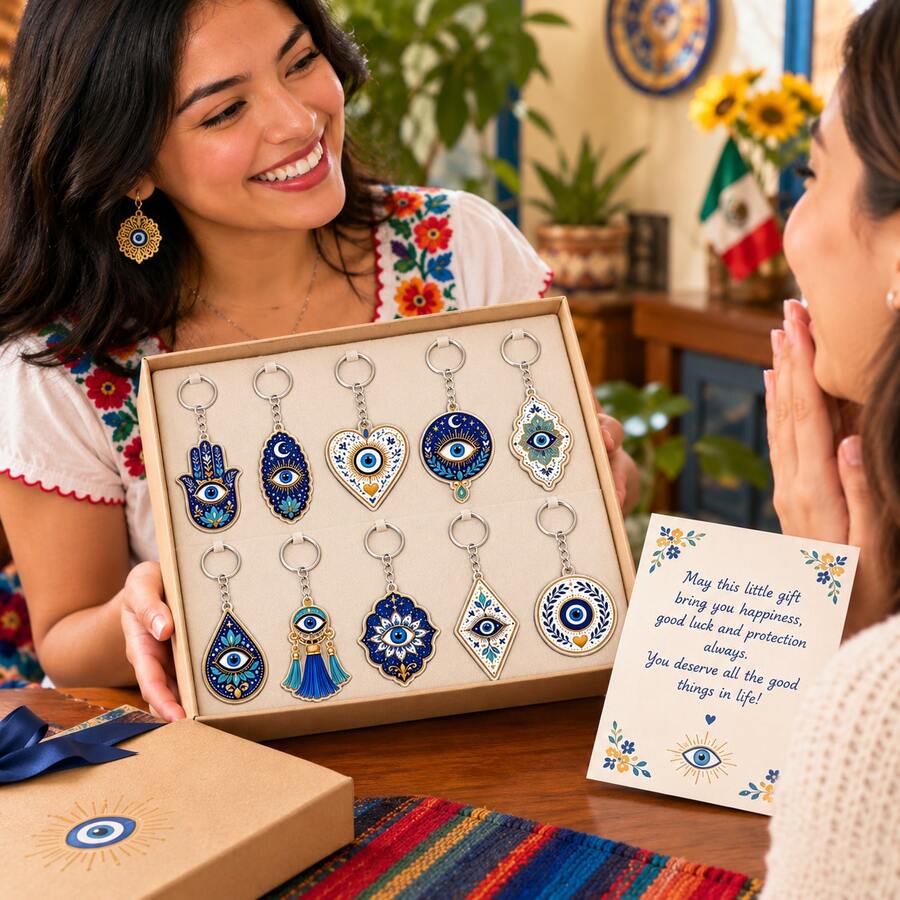 2D Flat, 10pcs Evil Eye Acrylic Keychains, Turkish Amulet, Blue Eye & Hamsa Hand Design Pendant, For Backpack/Bag Key Hook, Lucky Charm Gift, Ideal Gift For Bohemian Style Enthusiasts, Suitable For Home - View 1