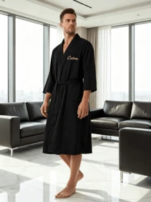 Custom Name Embroidery Waffle Kimono Unisex Robe Waffle Knit Couples Bathrobe Personalized Logo Spa & Hotel Spa Robe Self-Tie Belt Loose Fit Bathrobe - Multicolor - View 11