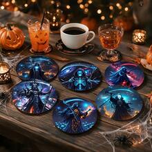 Halloween Wooden Round Coasters, Starry Sky Grim Reaper Scythe Pattern Heat-Resistant Pads, Suitable For Home Kitchen Dining Table Party, Winter Holiday, Protect Tabletop Decor, Halloween Decoration Gift - Coaster LDX2759 - View 8