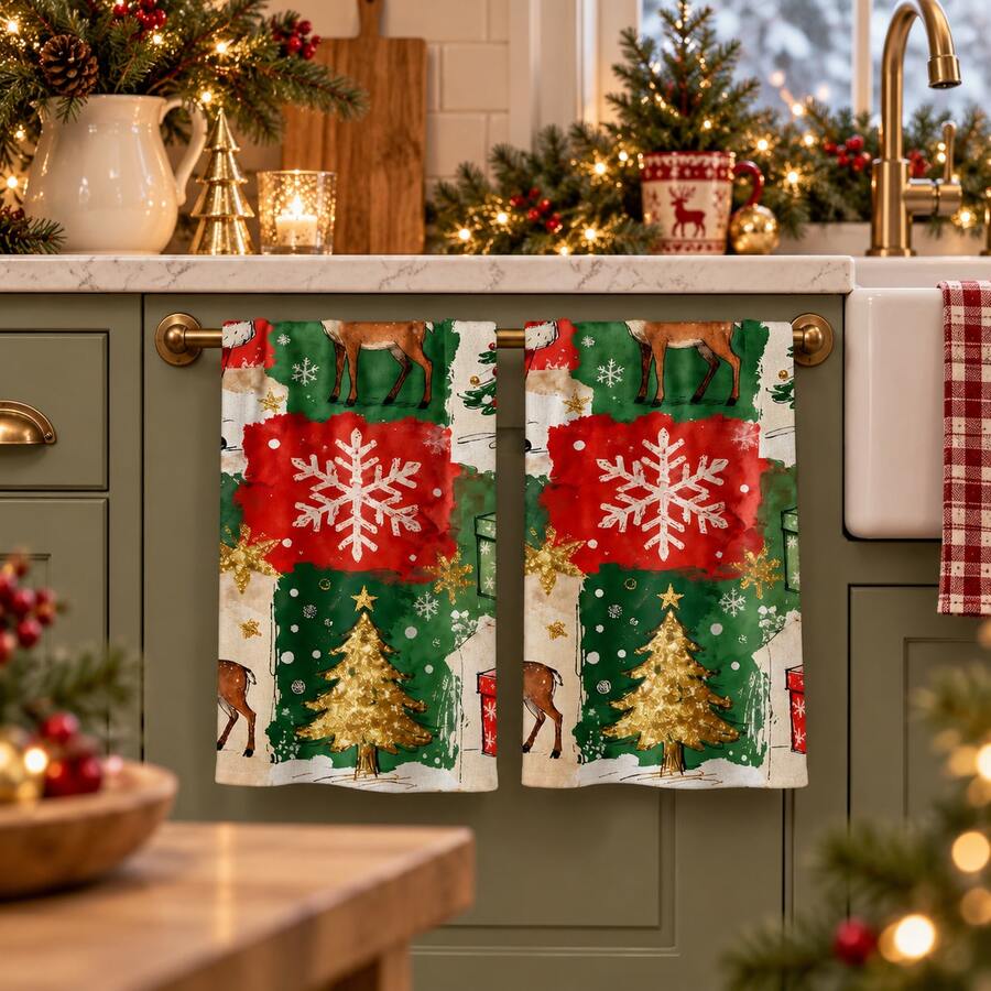 2/4/6pcs Christmas Kitchen Towels, Christmas Tree Pattern Napkins, Christmas Kitchen Towel Set - Multicolor - View 1