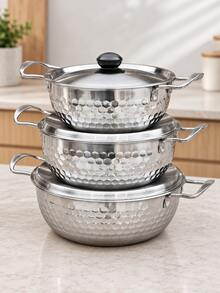 3pcs Silver Soup Pot Set With Lids And Double Handles, Hammered Hexagonal Texture With Riveted Handle Details,Nesting Kitchen Pots For Soups,Pasta And Stews,Coordinated Cookware For Everyday Home Meal Preparation,Induction Compatible Pots And Pans Set - View 8