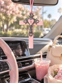 1pc Pink Gothic Cross Car Hanging Ornament Cute Heart Pendant Rearview Mirror Decor Vintage Women Style Interior Accessory Suitable For Ladies - A - View 6