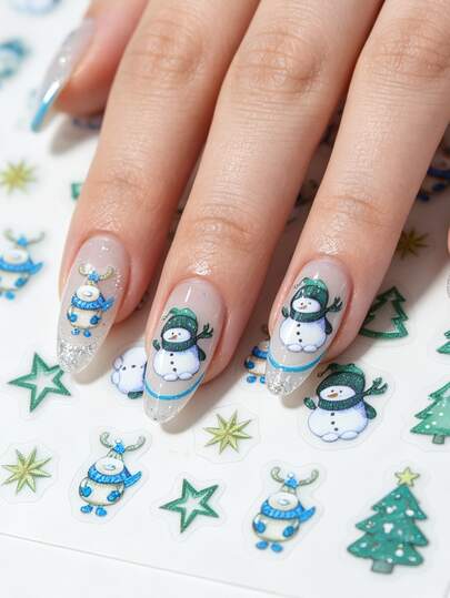 1pc Cute Cartoon Snowman & Bear Nail Stickers, Hollow Christmas Tree, Star & Reindeer Nail Decals, Christmas Theme, Shiny Surface, Asymmetrical Shape, Soft & Cute Style, Suitable For Holiday Party & Daily Manicure