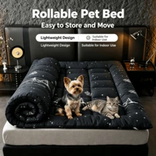 1‑Piece Black Winter Tree Snowflake Print Pet Mattress, Modern Style Polyester Rectangular Quilted Cushion, Roll‑Up Portable Sleeping Pad For Dog Cat Indoor Home Use All Seasons - Black - View 5