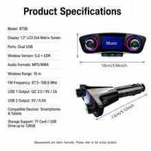 Car Wireless FM Transmitter, Bluetooth 5.0 Car Radio Adapter (Supports Hands-Free Calling), USB Car Charger, TF Card/USB Flash Drive Music Player, AUX Audio Output, 1.3-Inch LCD Display, 12V-24V Car Audio Adapter - A - View 2
