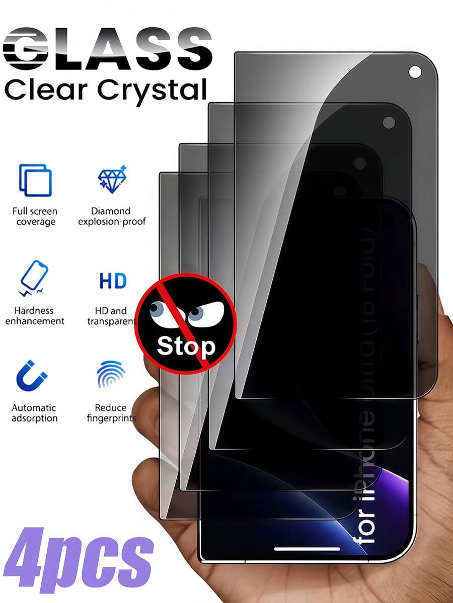 4片裝隱私防窺鋼化玻璃螢幕保護貼,相容 iPhone Duo,防刮防指紋防窺玻璃膜 - 黑色 - 查看 1