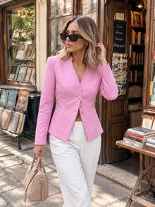Women's Pink Striped V-Neck Single-Breasted Slim Fit Commuter Blazer - Pink - View 2