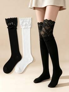 1/2 Pairs Sweet Girl Lace Trim Vertical Stripe Versatile Comfortable Knee-High Socks - Multicolor - View 1