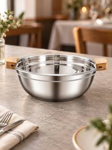 3pcs Stainless Steel Soup Bowl With Wooden Handles,Round Silver Serving Pot With Polished Interior,Stackable Kitchen Bowl For Serving Soup, Stew, Vegetables, Family Meals,Dining Tables And Restaurant Food Service,Induction Compatible Pots And Pans Set - View 3