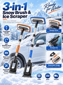 1pc 3-In-1 Extendable Car Snow Brush & Ice Scraper, 180° Rotating, 31cm Wide EVA Foam Snow Brush With 70-90cm Telescopic Handle, Detachable Windshield Frost & Ice Removal Tool, Suitable For Sedan, SUV And Truck, Winter Car Accessory, Christmas Gift For Female Drivers - Multicolor - View 1