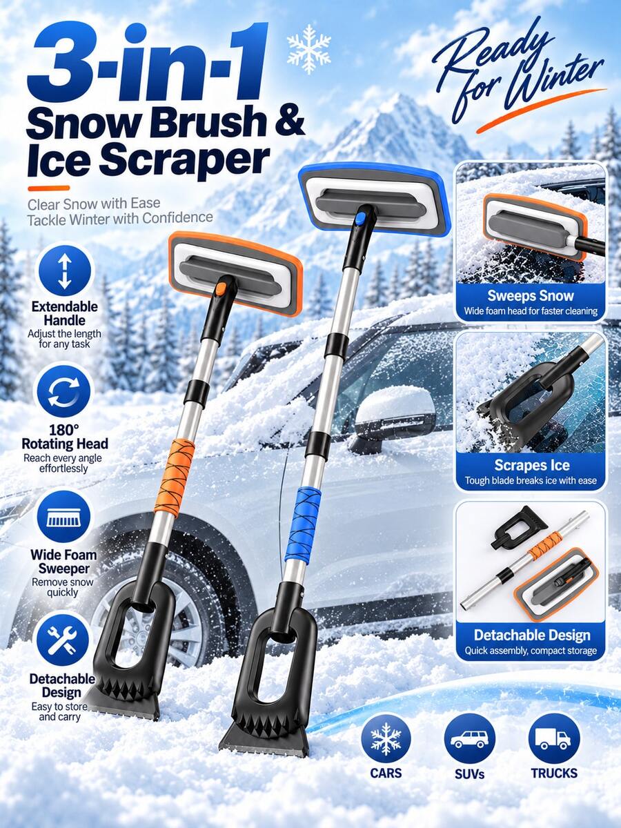 1pc 3-In-1 Extendable Car Snow Brush & Ice Scraper, 180° Rotating, 31cm Wide EVA Foam Snow Brush With 70-90cm Telescopic Handle, Detachable Windshield Frost & Ice Removal Tool, Suitable For Sedan, SUV And Truck, Winter Car Accessory, Christmas Gift For Female Drivers - Multicolor - View 1