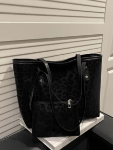Dedoo Tas Tote Wanita Motif Leopard, Kain Lembut, Detail Rivet, Dompet Kecil yang Serasi, Kapasitas Besar, Kasual, Untuk Kerja, Belanja, dan Bepergian. - Hitam - View 6