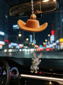 1pc Geometric Bead Cowboy Hat Rabbit Car Hanging Ornament, Brown Fuzzy Hat Silver Rhinestone Bunny Metal Chain Rearview Mirror Pendant Boho Gift - Hat Rabbit - View 4