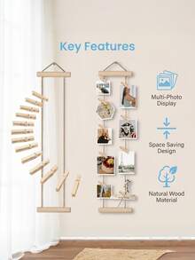 1 Set Rak Pajangan Foto Gantung Dinding dengan Bingkai Kayu & Sistem Tali Rami, Klip Foto Pemasangan Perekat/Pengait Cocok untuk Dekorasi Rumah, Kantor, Sistem Bingkai Foto Minimalis Nordik untuk Dekorasi Pesta, Hadiah Festival, Penyimpanan Gantungan Foto - Warna kayu - View 7