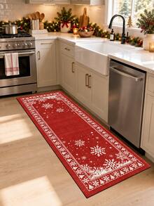 1pc Christmas Red Snowflake Pine Tree Border Kitchen Mat, Vintage Holiday Geometric Pattern Absorbent Non-Slip Foot Mat, Durable Easy Clean Rectangular Rug, Suitable For Kitchen Sink, Entryway, Hallway, Laundry Room, Bathroom And Christmas Home Decor - Multicolor - View 3