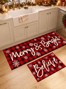 1pc Red & Black Plaid Print Kitchen Mat, Merry Christmas Letter Pattern Long Runner Rug, American Country Style Checkered Entryway Door Mat, Suitable For Kitchen, Dining Room, Hallway, Entrance, Bedroom And Indoor Home Decor, Winter Christmas Holiday Atmosphere Decorative Carpet - Multicolor - View 4
