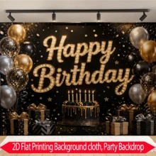 1pc Black & Gold Birthday Backdrop, Luxury Polyester Party Background With Cake, Gift Box And Star Elements, Suitable For Adult Boys & Girls Birthday, Photo Booth, Dessert Table - Multicolor - View 9