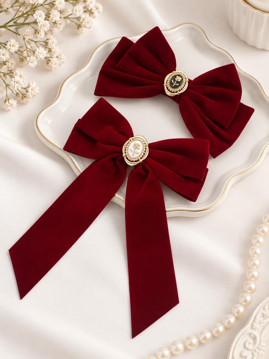 2pcs Vintage Velvet Bow Spring Hair Clips Women Autumn Winter Elegant Updo Ponytail Clips Premium Exquisite Hair Accessories - Multicolor - View 1