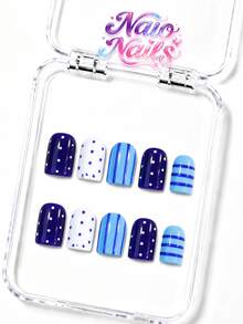NAIO 10件組手工穿戴式假指甲，3種尺寸：棺材形/杏仁形/短方尖形，Y2K辣妹風，藍白波點條紋元素，奶油質感，適合女性與女孩，派對與日常配戴，附工具組，理想禮物與美甲用品 - 彩色 - 查看 19