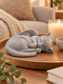 1pc Gray Sleeping Angel Cat Figurine, Cute Winged Cat Memorial Statue, Peaceful Pet Remembrance Tabletop Ornament For Living Room Bedroom Bookshelf Desk Shelf, Sympathy Gift For Cat Lovers & Pet Loss Memorial Decor - New - View 5