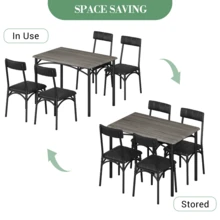 5-Piece Dining Table Set For 4, Rectangular Kitchen Table With 4 Upholstered Chairs, Metal & Wood Frame, Space-Saving For Small Apartment Dining Room, Rustic Brown/Grey - Gray - View 4