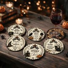 6pcs Witch Pumpkin Coasters Set, Funny Cartoon Pattern Heat-Insulating Cup Mats, Halloween Desktop Decor, Gift Box Holiday Present - PET Coaster-2769 - View 4