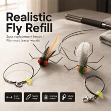 2pcs Realistic Fly Cat Teaser Toy Replacement Heads (Suitable For 2-16 Lbs Cats), Fly Body Length Approx. 3cm/1.18in, With Black Long Rope. Realistic Fly Design, Red/Orange Big Eyes + Feather Wings + Slender Legs, With Colorful Beads And Lobster Clasp. The Long Rope Swings And The Fly Dances Lively, Stimulating Cat's Hunting Instinct, Interactive Cat Teasing And Self-Entertainment, Compatible With Most Cat Teaser Toys. - Multicolor - View 3