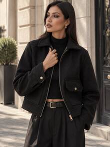 TRAFZA Women's Elegant Casual Tweed Jacket Wool Blend Coat, Warm & Loose Fit, Solid Color, Spring/Autumn - Black - View 1