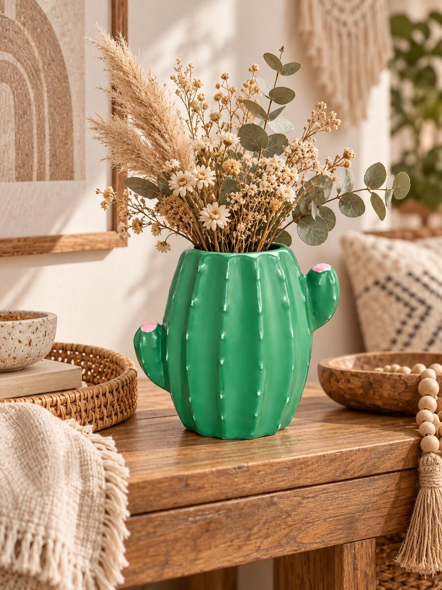 1pc Green Cactus Vase, Cute Cactus Shaped Decorative Flower Vase For Floral Arrangements, Unique Tabletop Centerpiece For Living Room Dining Table Kitchen Bedroom Office And Home Decor - 1PC - View 1
